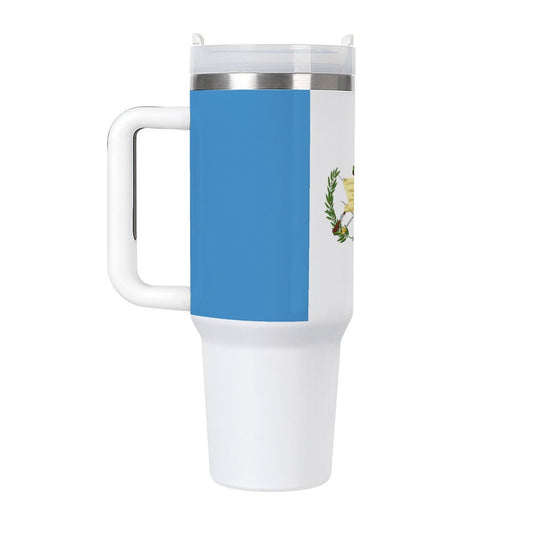 [Brand] travel mug with blue and white design.