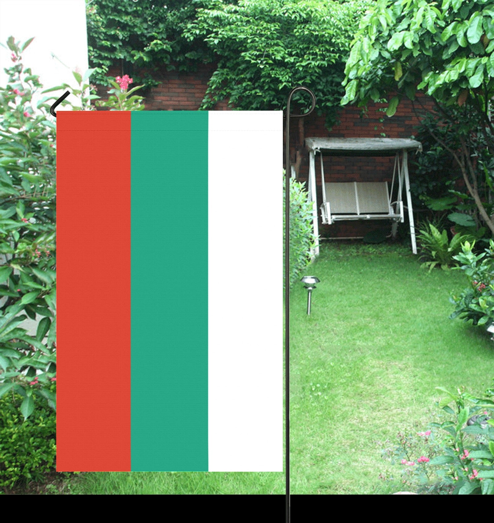Garden with Luv My Flag, red, green, white stripes.