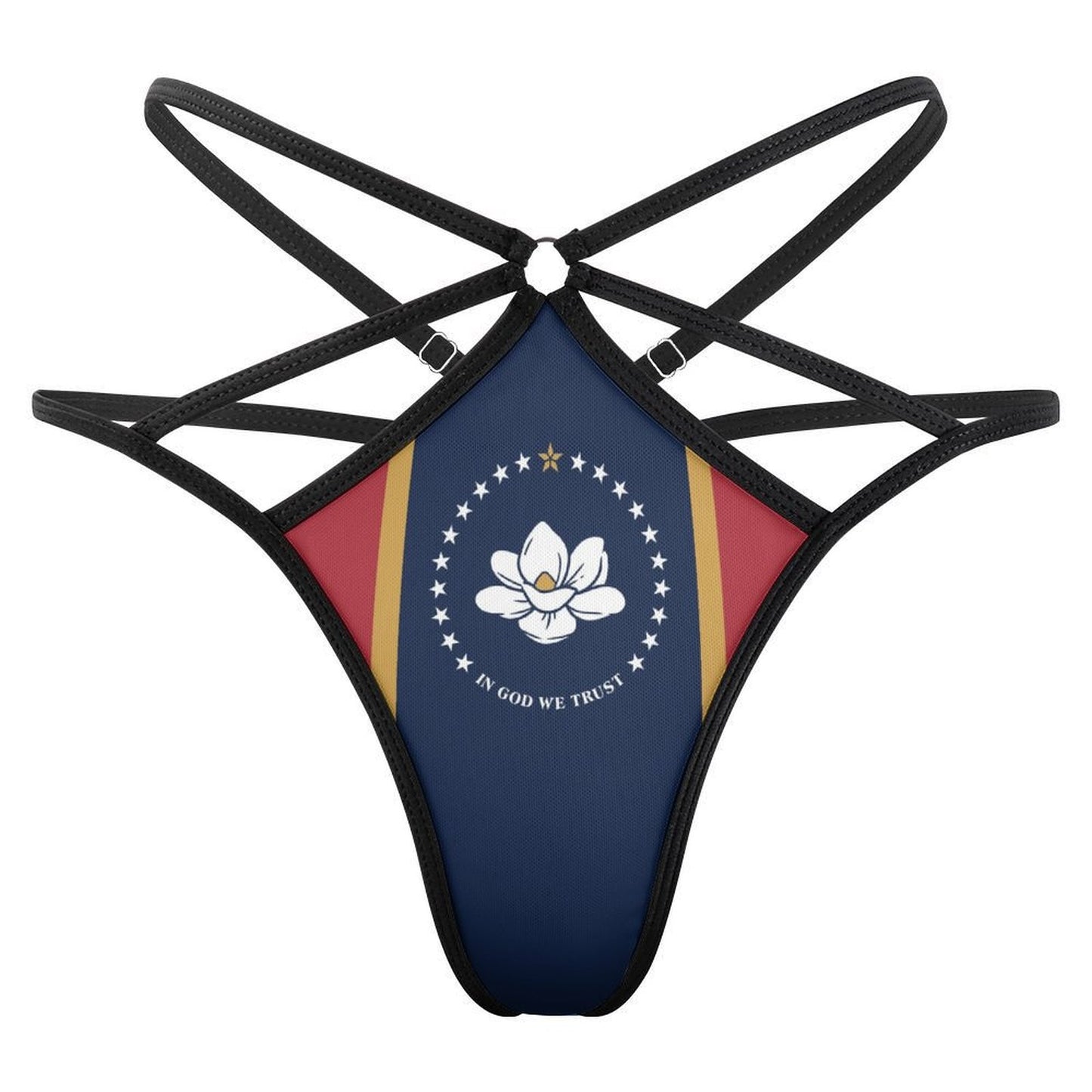 Black strappy thong with flag design by [Brand].