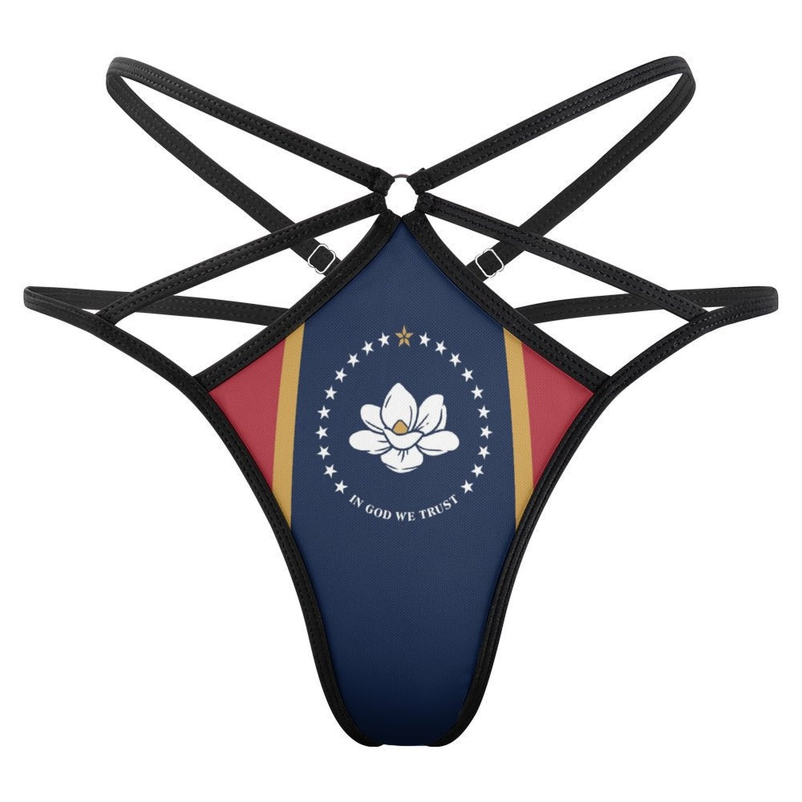 Black strappy thong with flag design by [Brand].