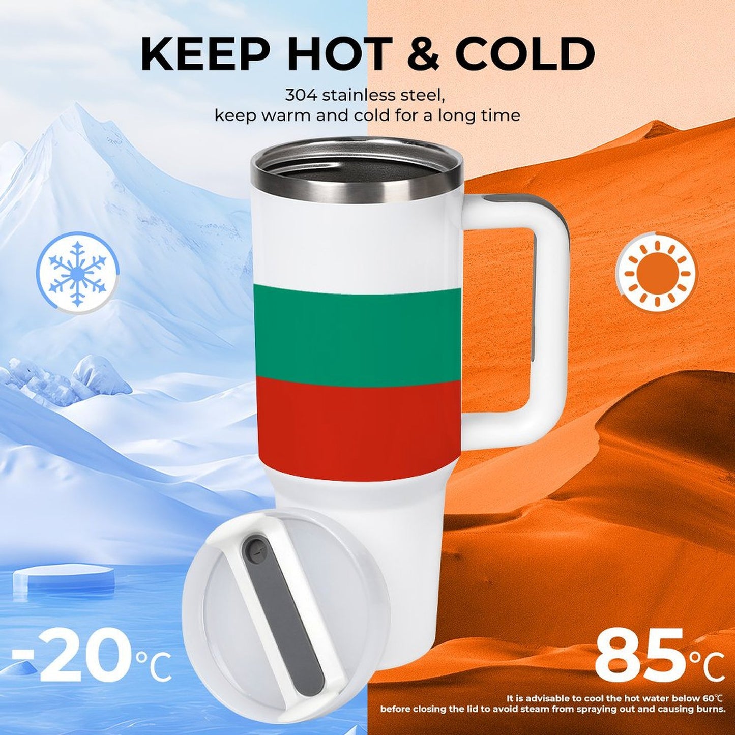 Thermal mug by [Brand] for hot and cold beverages.