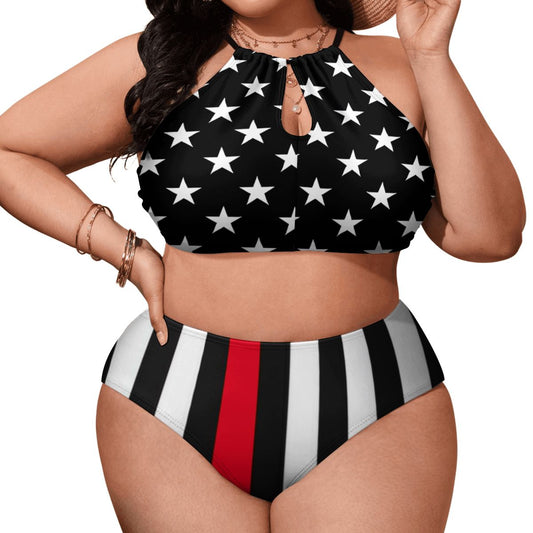 Thin Red Line Flag Inspired Plus Size High Waisted Bikini