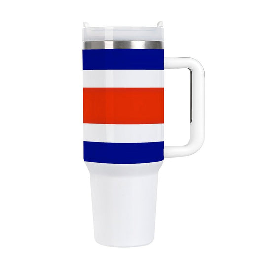 A [Brand] travel mug with red, white, blue stripes.