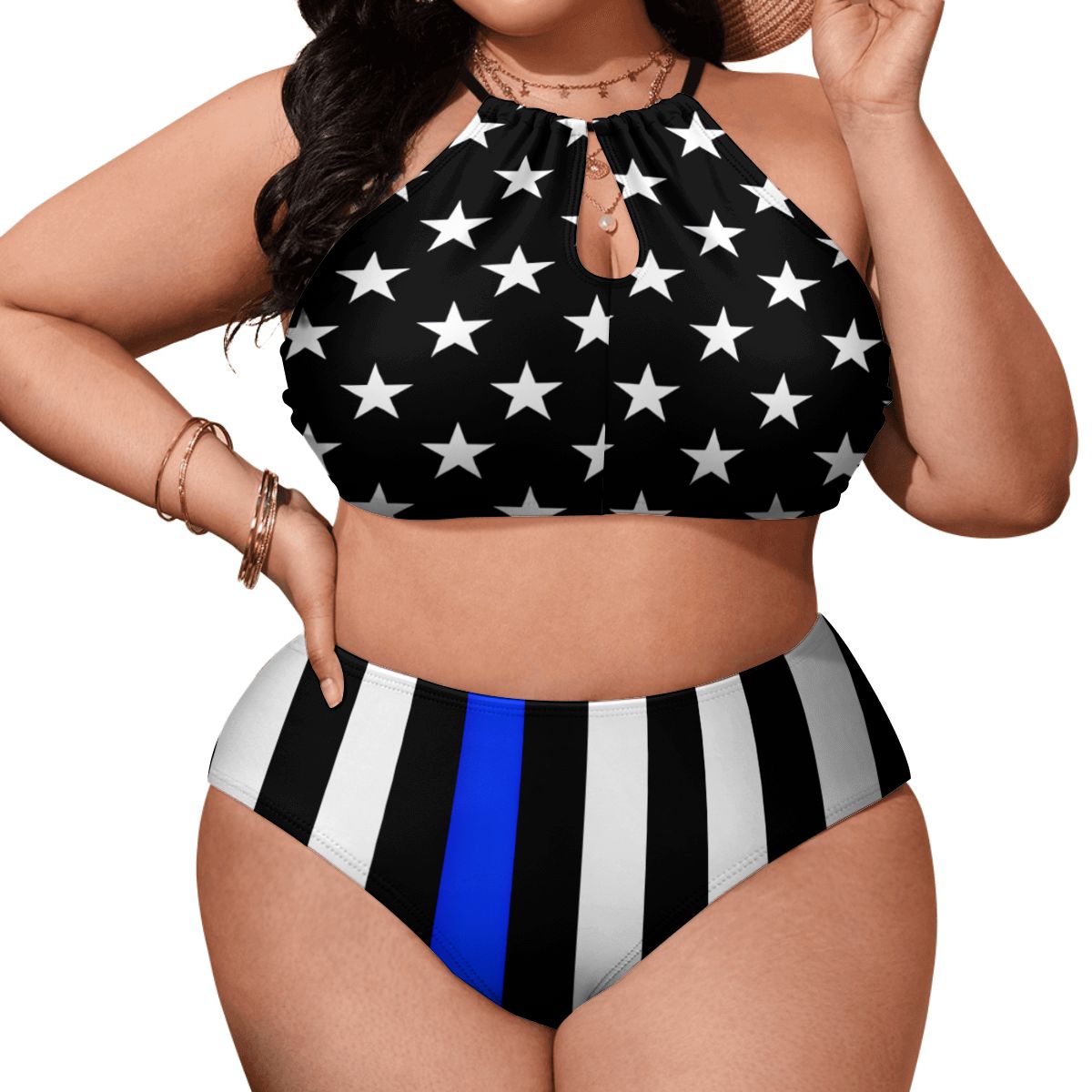 Thin Blue Line Flag Inspired Plus Size High Waisted Bikini
