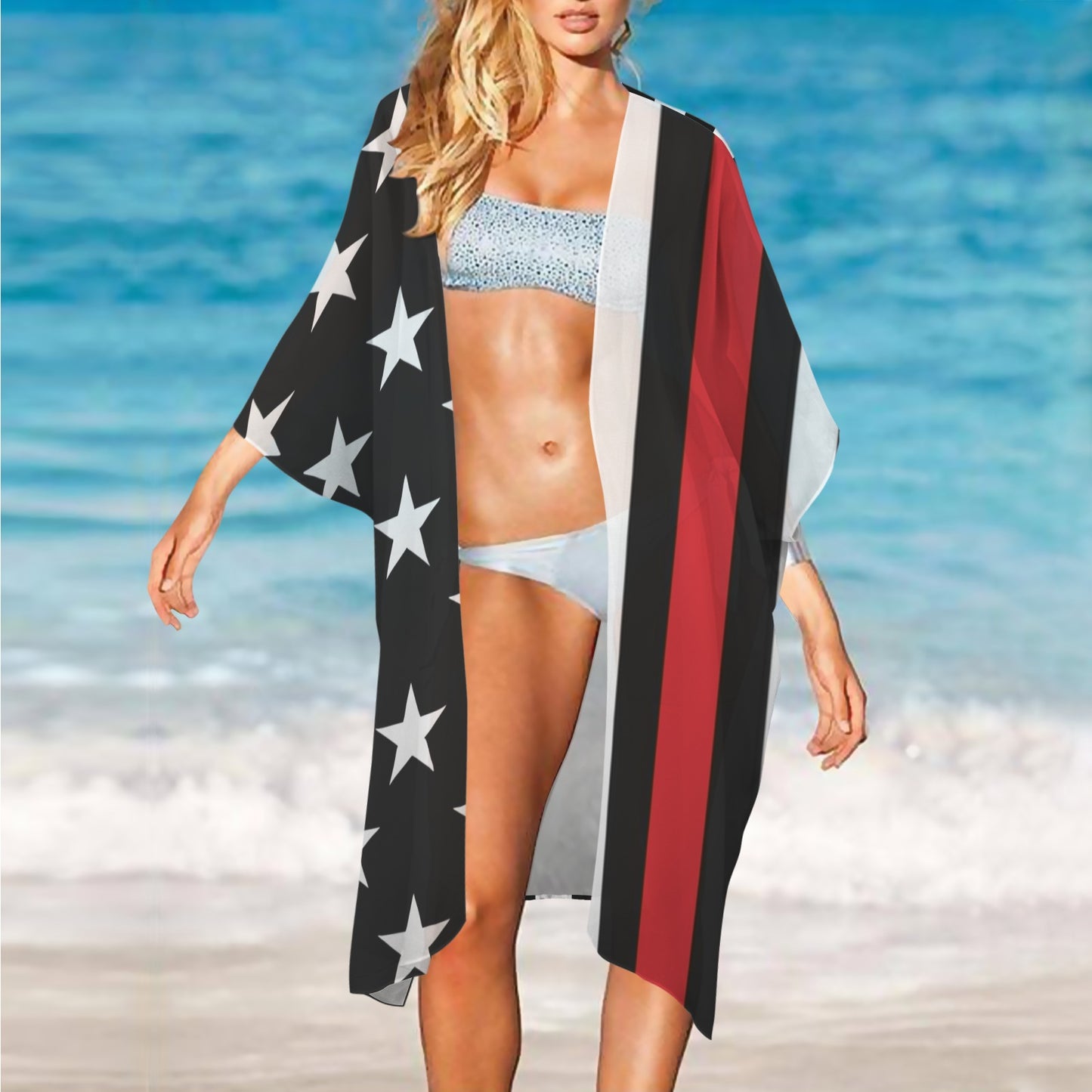 Thin Red Line Flag Inspired Women's Long Cover Up