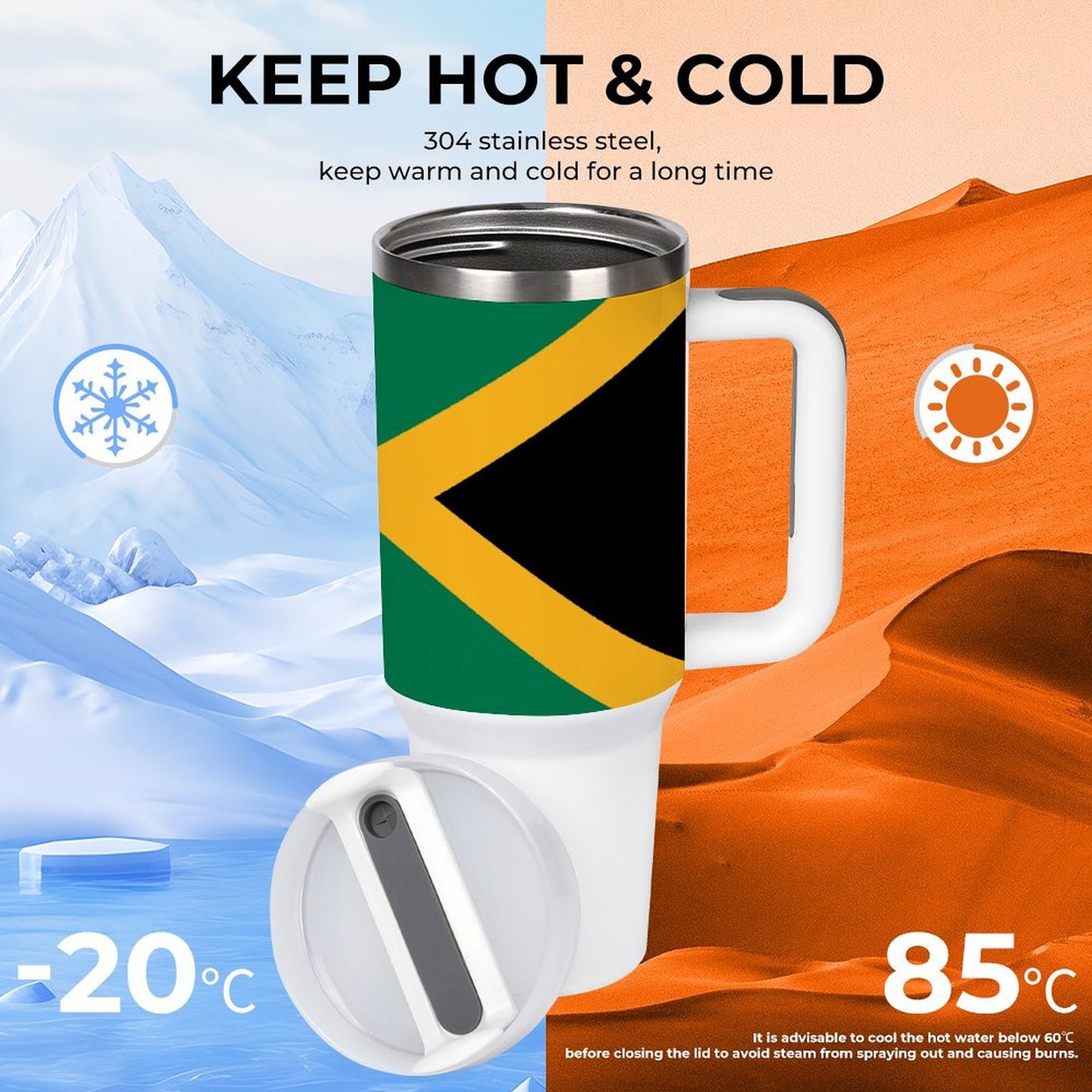 [Brand] insulated mug with flag design, keeping beverages hot/cold.