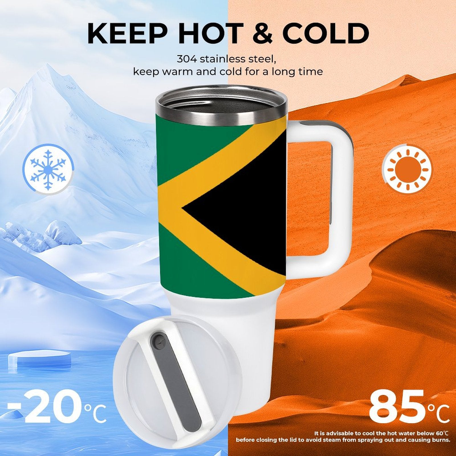 [Brand] insulated mug with flag design, keeping beverages hot/cold.