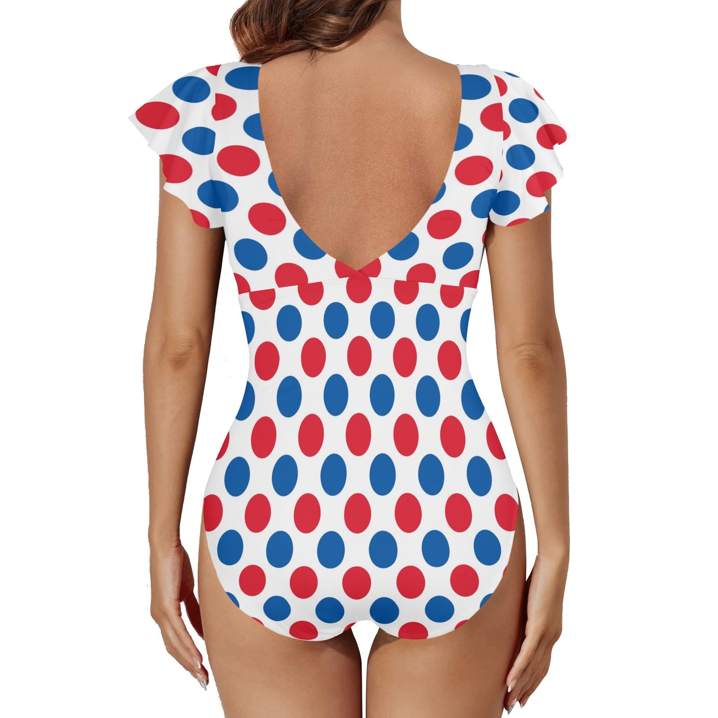USA/American Flag Inspired Polka Dot Pattern Women's Twist Front Ruffle Sleeve Swimsuit