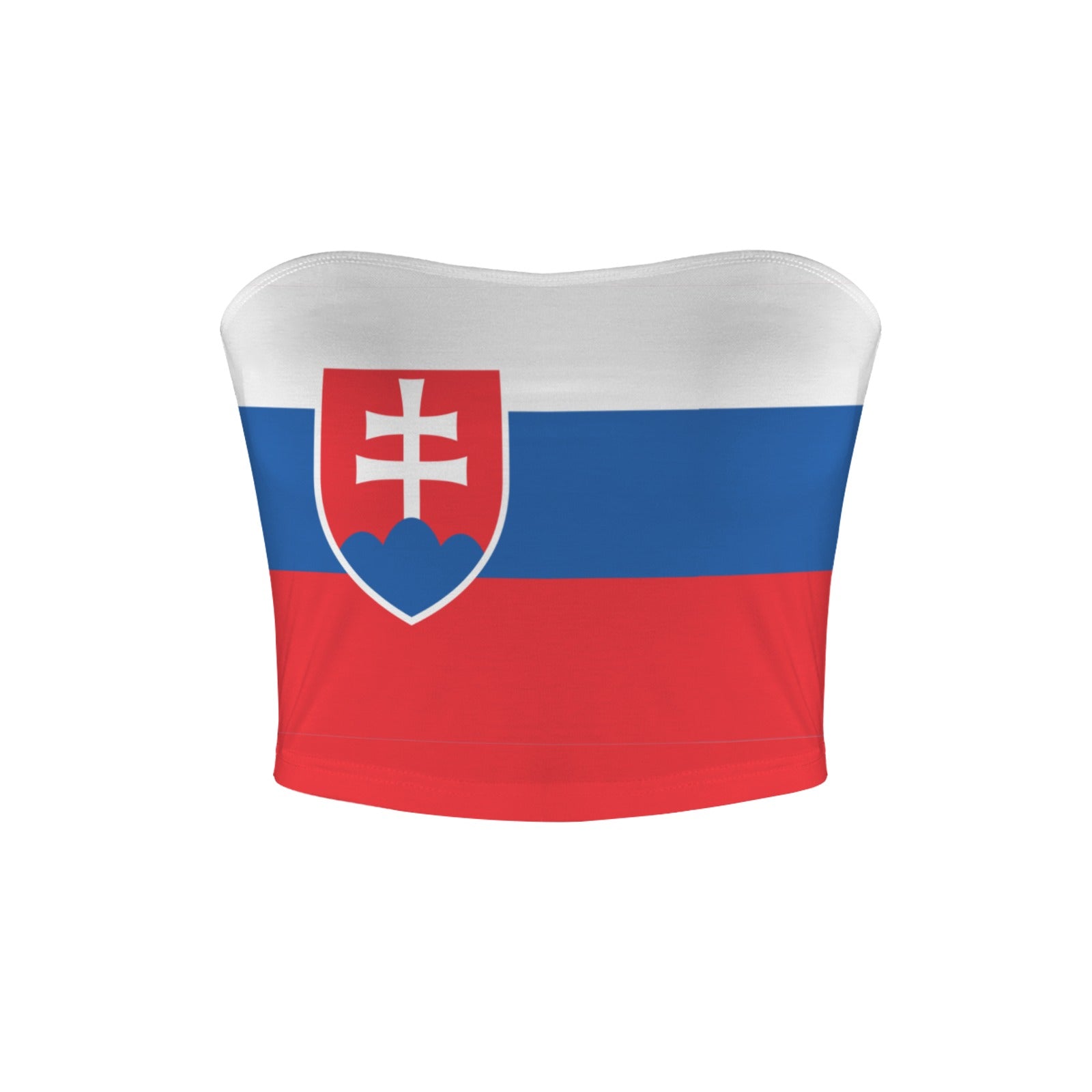 [Brand] strapless top featuring Slovakian flag design and colors.