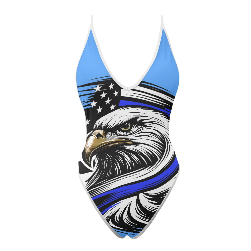 Thin Blue Line Flag Inspired Eagle One-Piece Thong Swimsuit