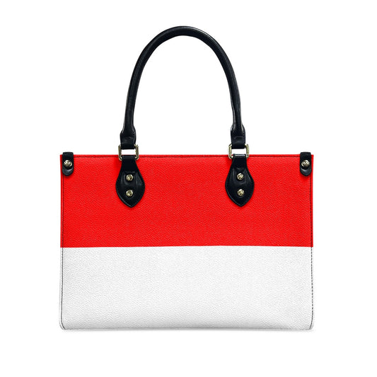 [Brand] red and white handbag with black handles, elegant.
