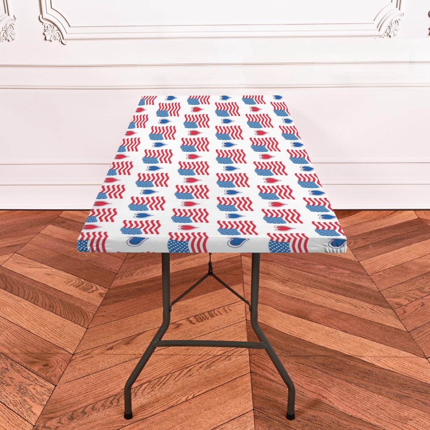 USA/American Flag Inspired Flags and Hearts Pattern Custom Elastic Fitted Tablecloth 72x30 inch (Made in the USA)