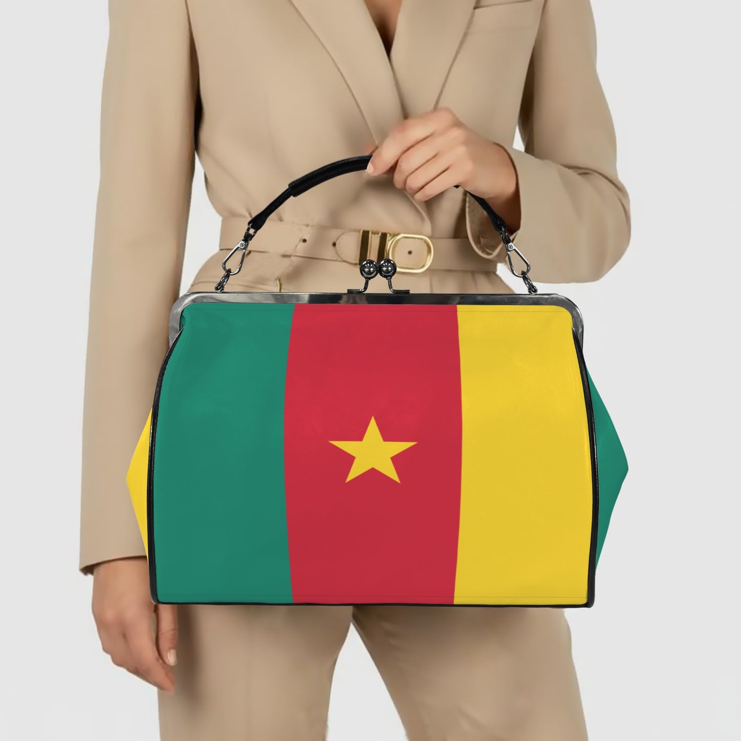 Cameroon Flag Inspired Kisslock Crossbody Shoulder Bag-Large