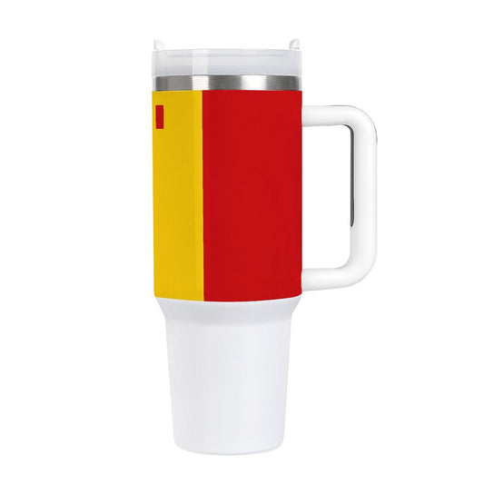 [Brand] travel mug with red and yellow design, handle.