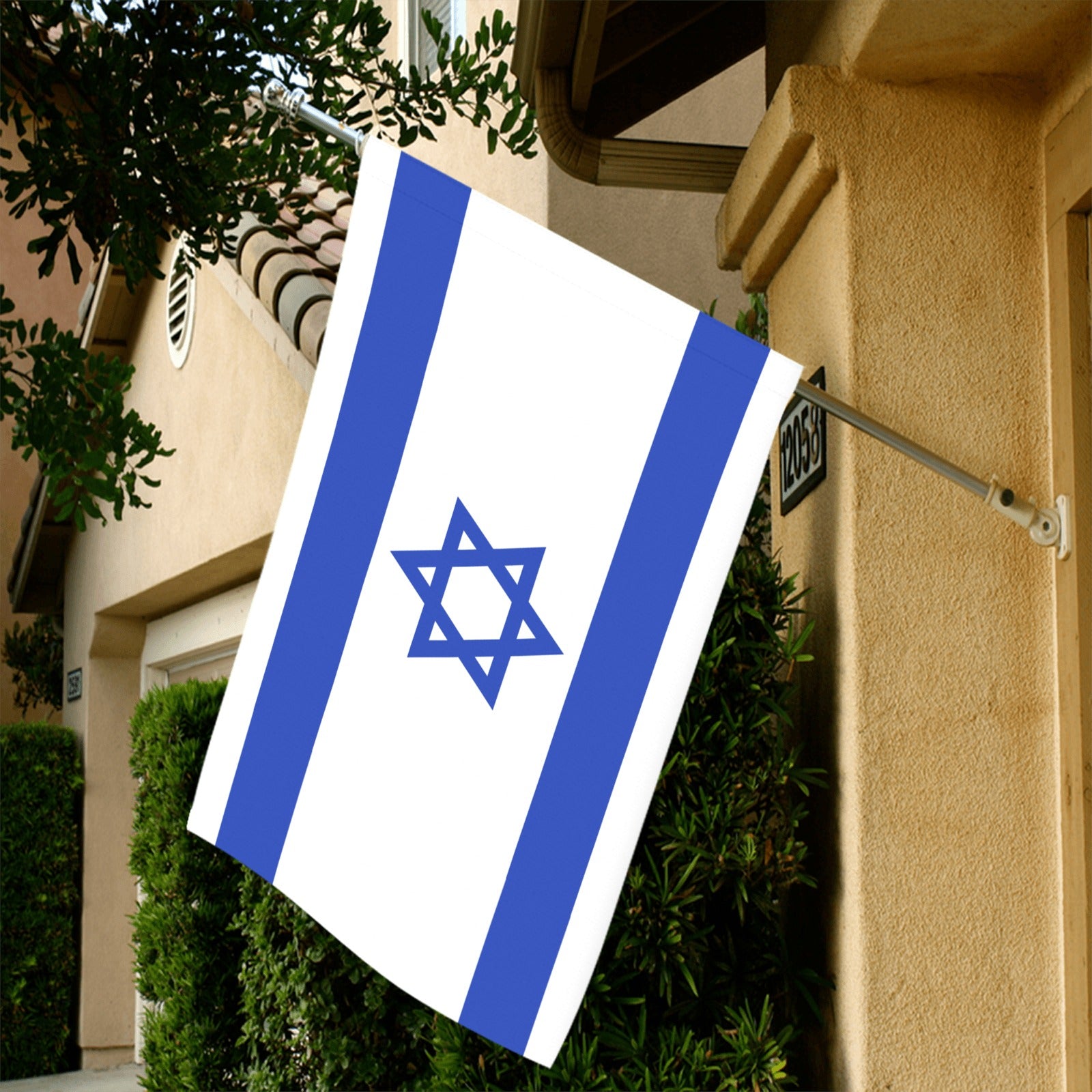 Israeli flag on house, displayed by Luv My Flag.