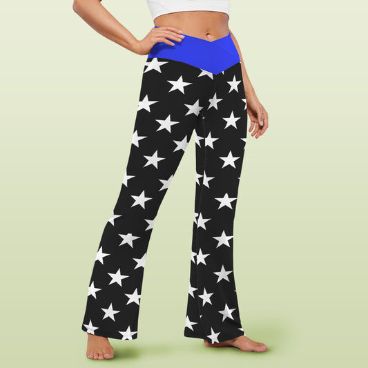 Thin Blue Line Flag Inspired Women's V-Crossover High Waisted Flare Leggings