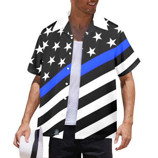 Man wearing [Brand] shirt with stars, stripes, and blue line.