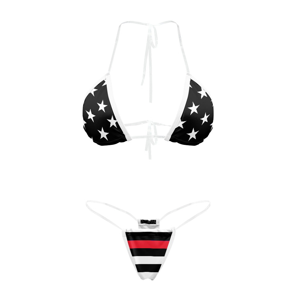 Thin Red Line Flag Inspired Transparent String Thong Bikini
