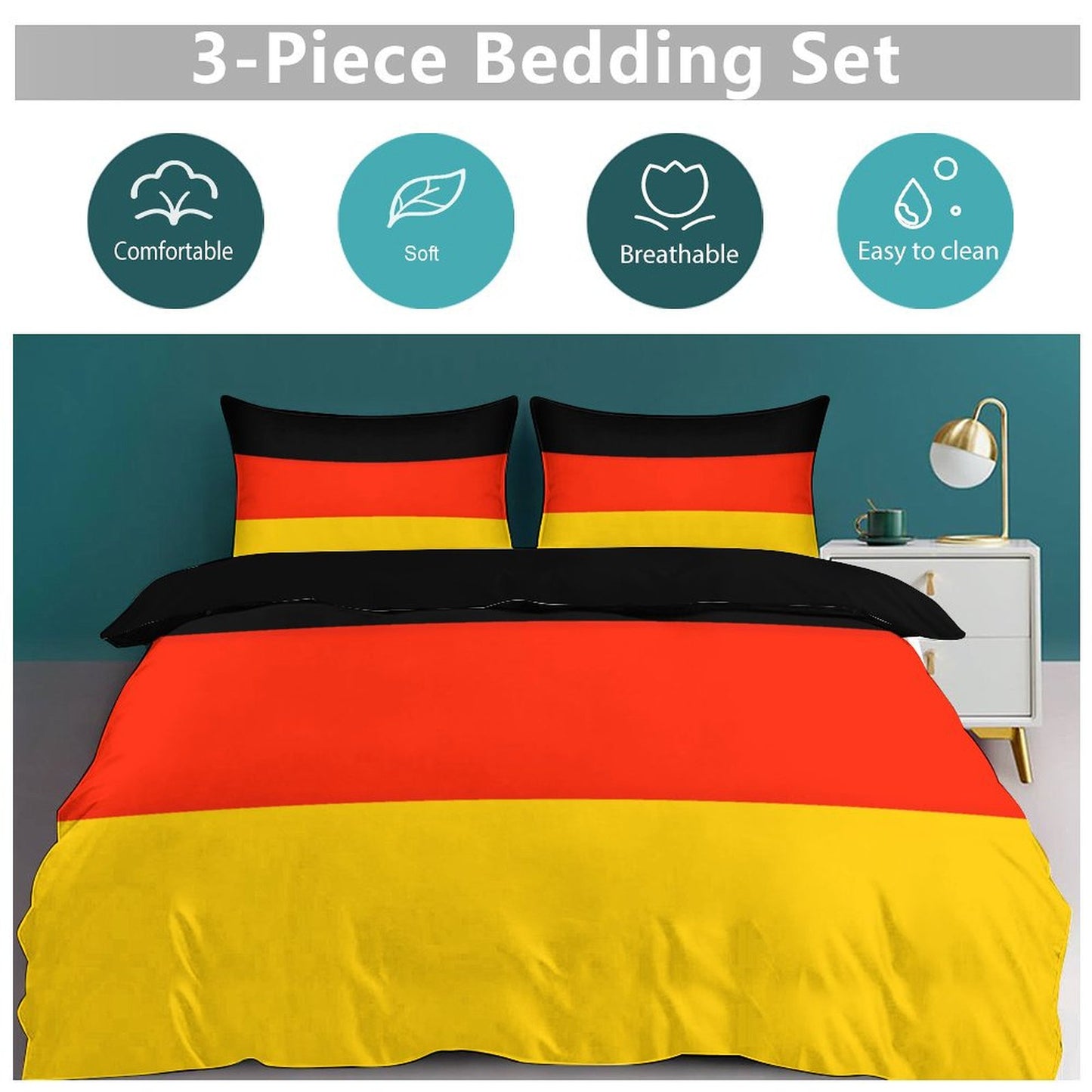 Germany Flag Inspired 3-Piece Bedding Set (1 Duvet Cover + 2 Pillow Shams) – 102"×90"
