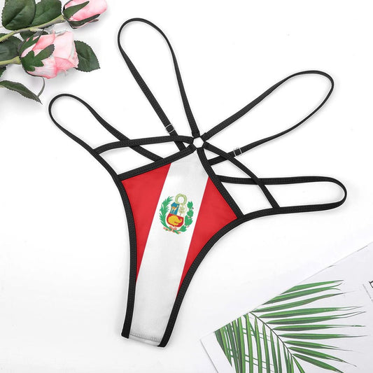 Strappy bikini bottom with Peruvian flag design, [Brand].