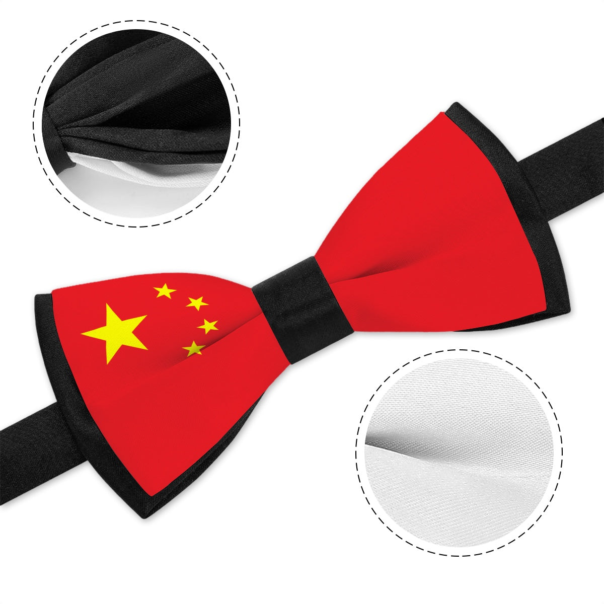 [Brand] bow tie in Chinese flag design, close-up view.