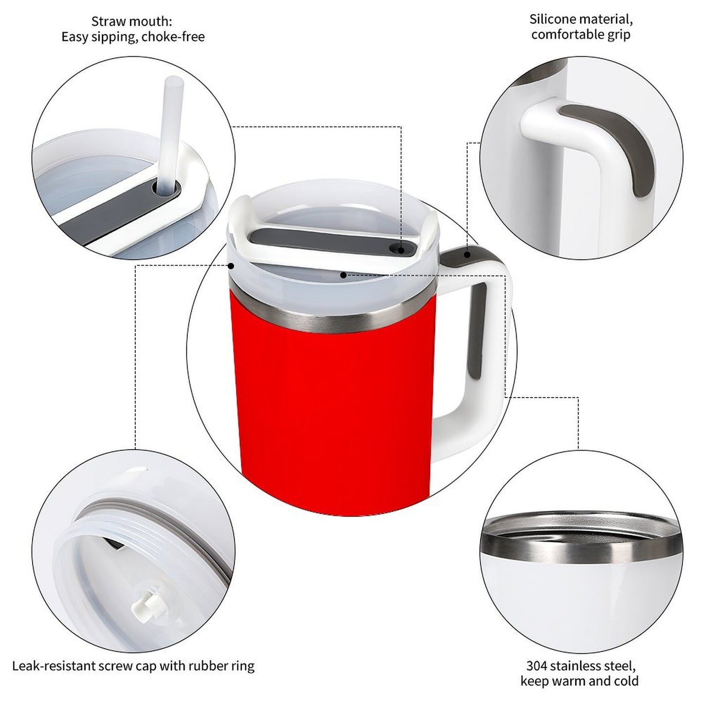 Red [Brand] mug with silicone grip and straw lid.