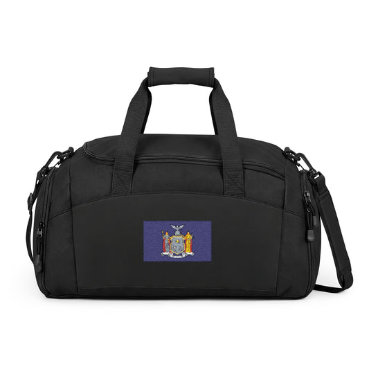 New York Flag Gym Bag — Black Duffle with Embroidered New York Flag