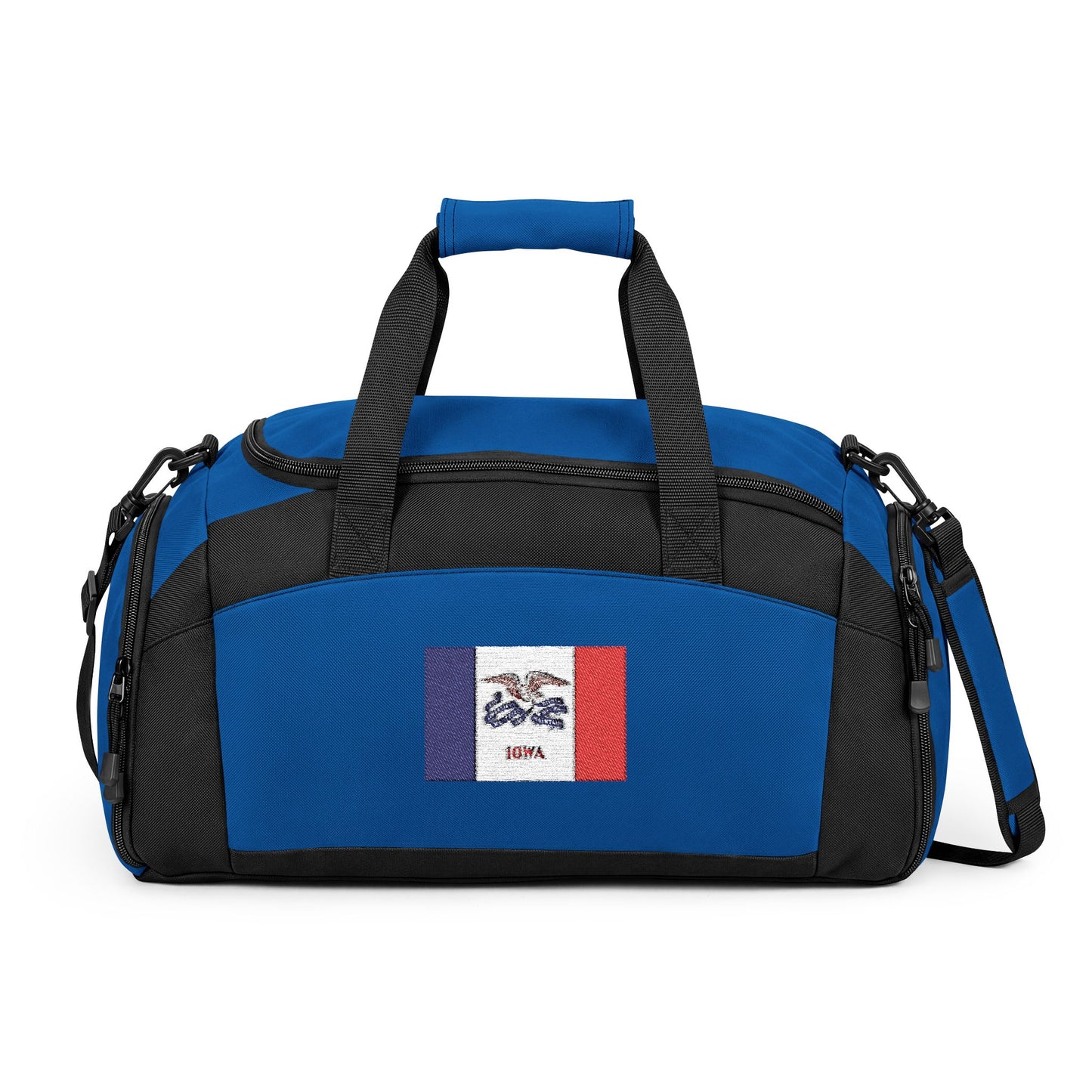 Iowa Flag Gym Bag — Black Duffle with Embroidered Iowa Flag