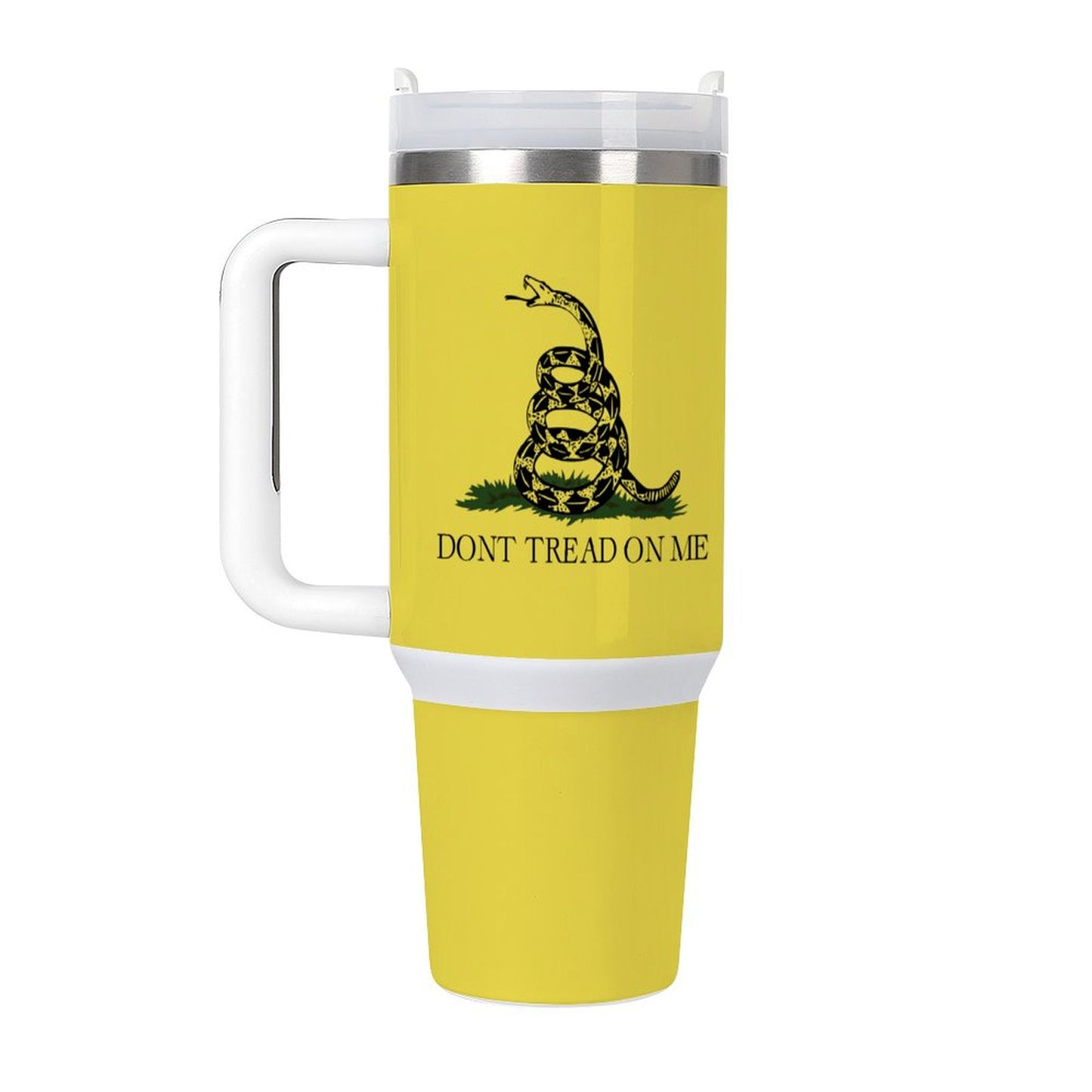 Yellow [Brand] mug with "Don't Tread On Me" design.