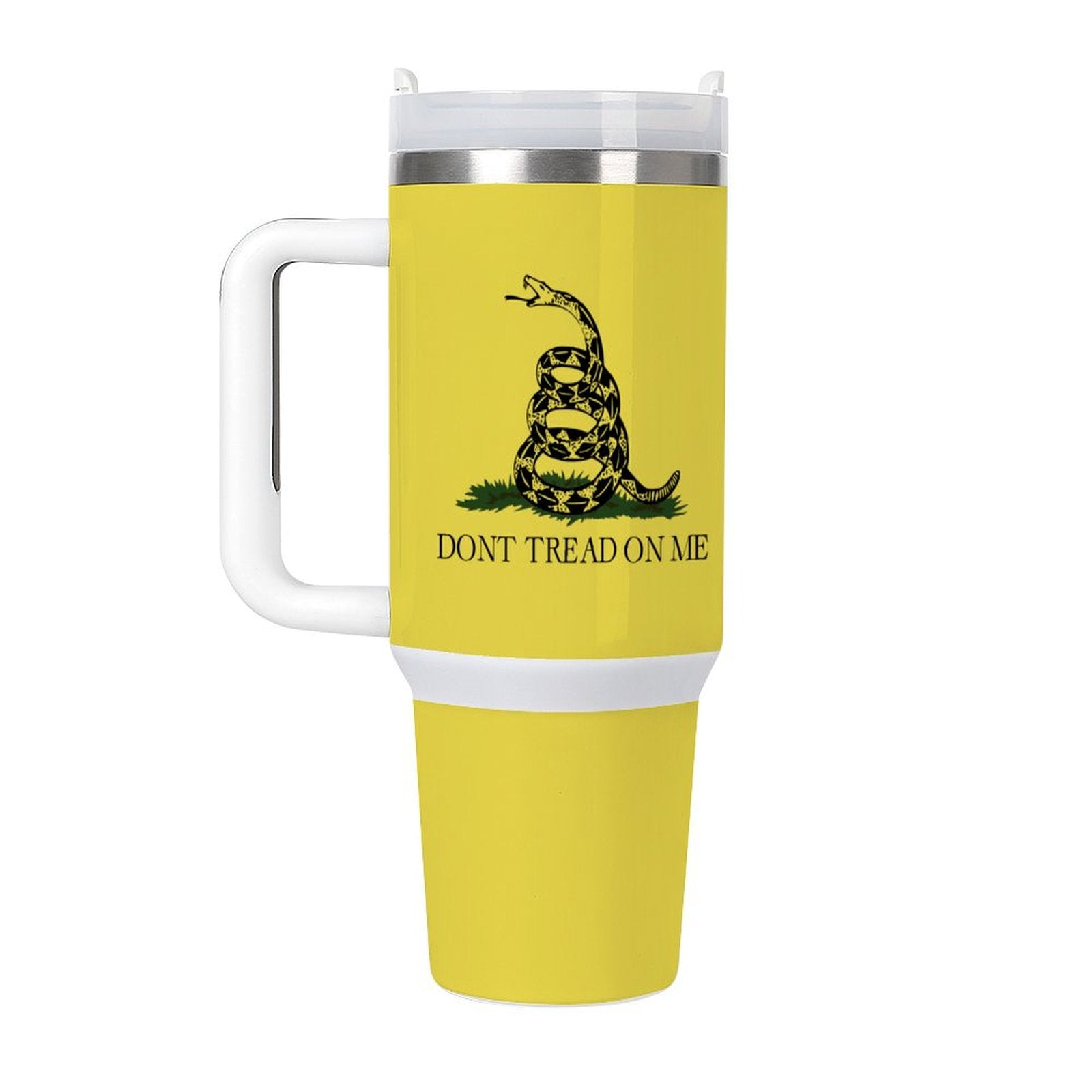 Yellow [Brand] mug with "Don't Tread On Me" design.