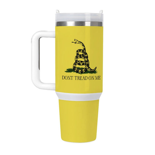 Yellow [Brand] mug with "Don't Tread On Me" design.