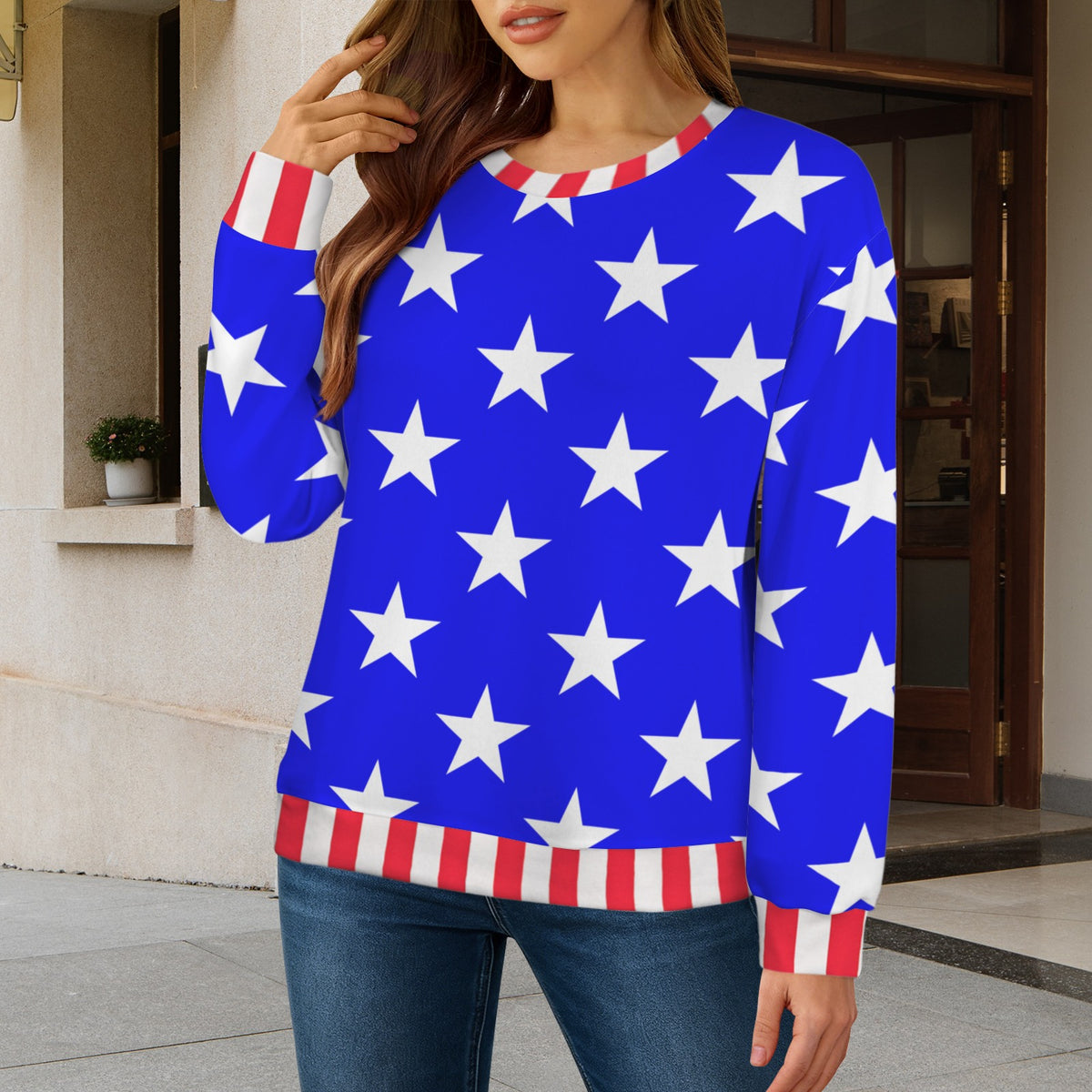 USA/American Flag Inspired Women's Crew Neck Sweater Style-1 Printed in the USA