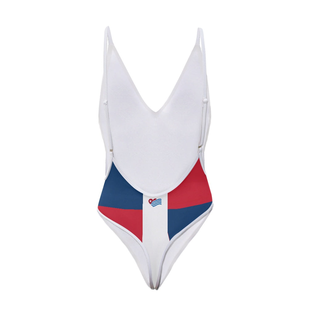 [Brand] one-piece swimsuit with red, blue, and white design.