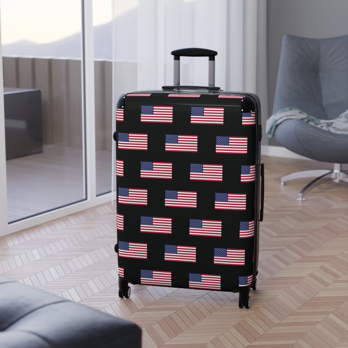 USA/American Flag Inspired Pattern on Black, Suitcase
