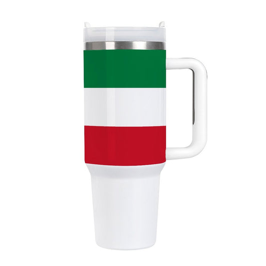 Brand travel mug with Italian flag color stripes design.