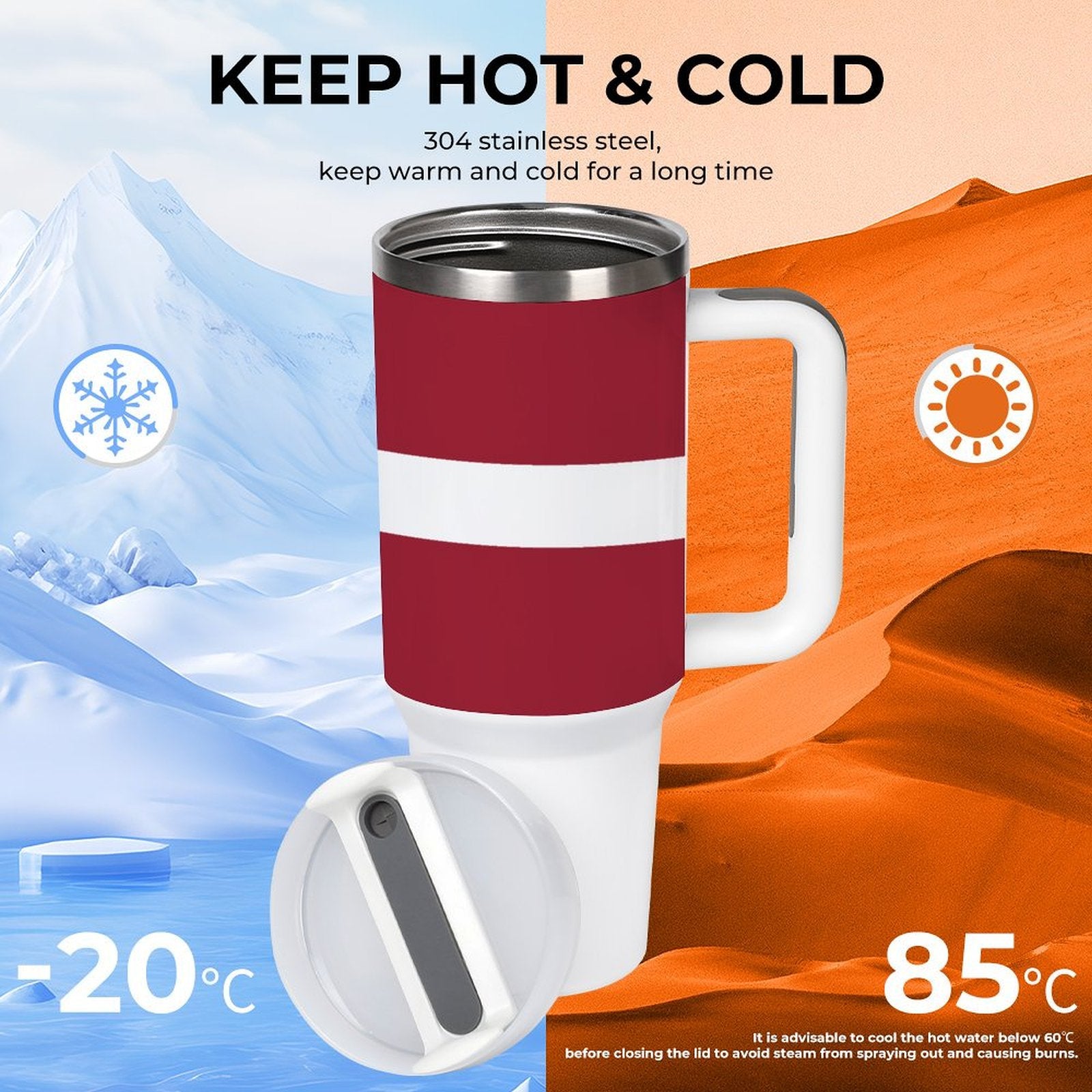Red and white [Brand] thermos keeps drinks hot or cold.