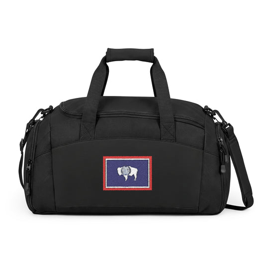 Wyoming Flag Gym Bag — Black Duffle with Embroidered Wyoming Flag