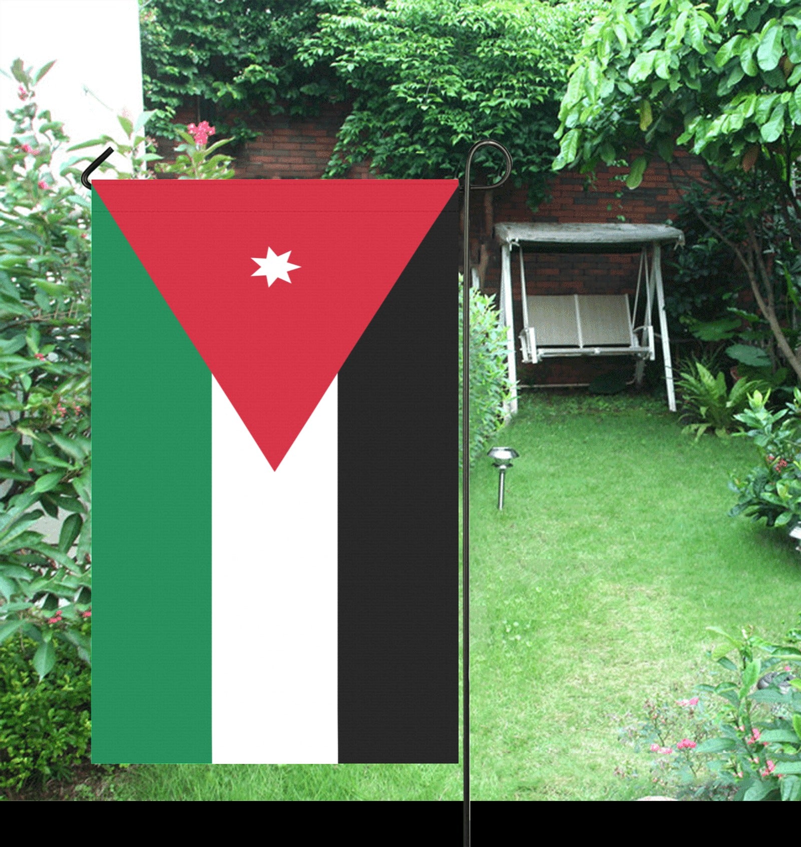 Luv My Flag garden flag with Middle Eastern design displayed.