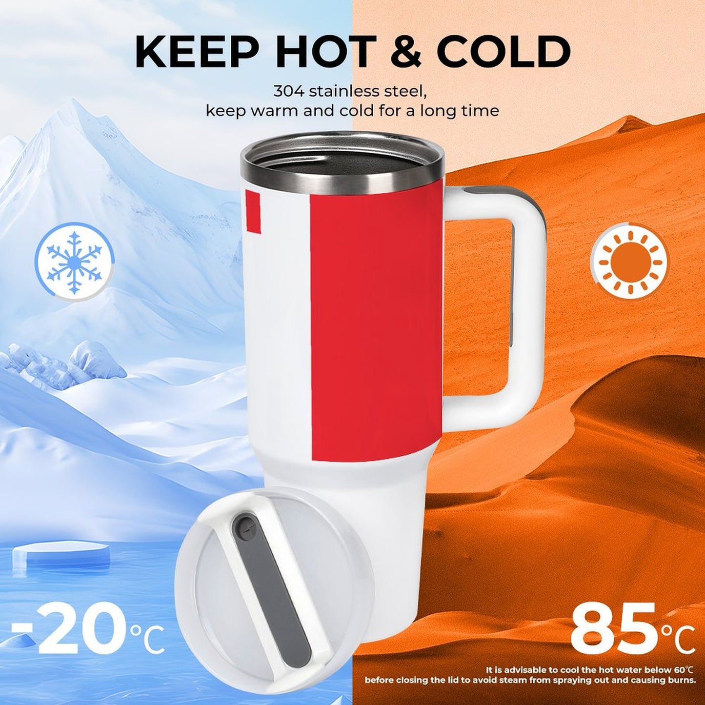[Brand] thermal mug with handle, keeping beverages hot or cold.