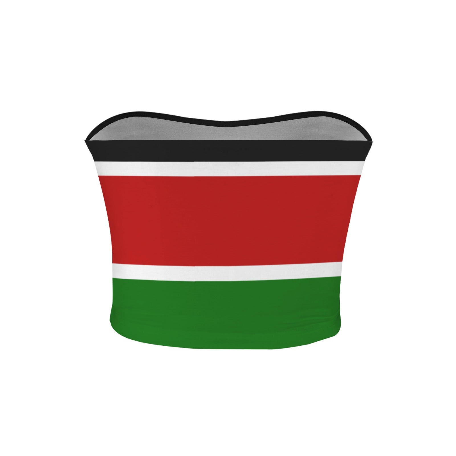[Brand] flag-patterned tube top with black, red, green stripes.