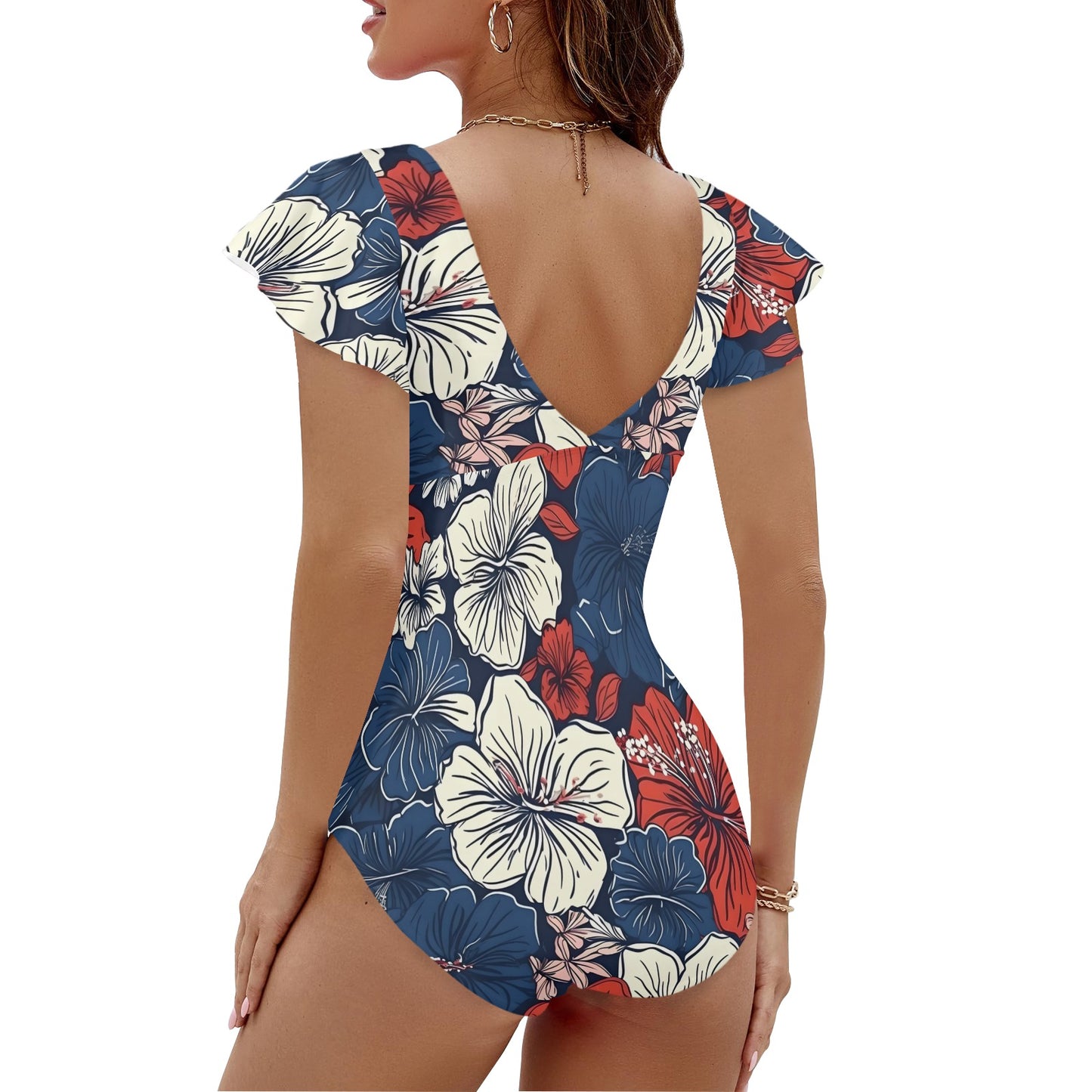 USA/American Flag Inspired Hawaiian Floral Pattern Women's Twist Front Ruffle Sleeve Swimsuit