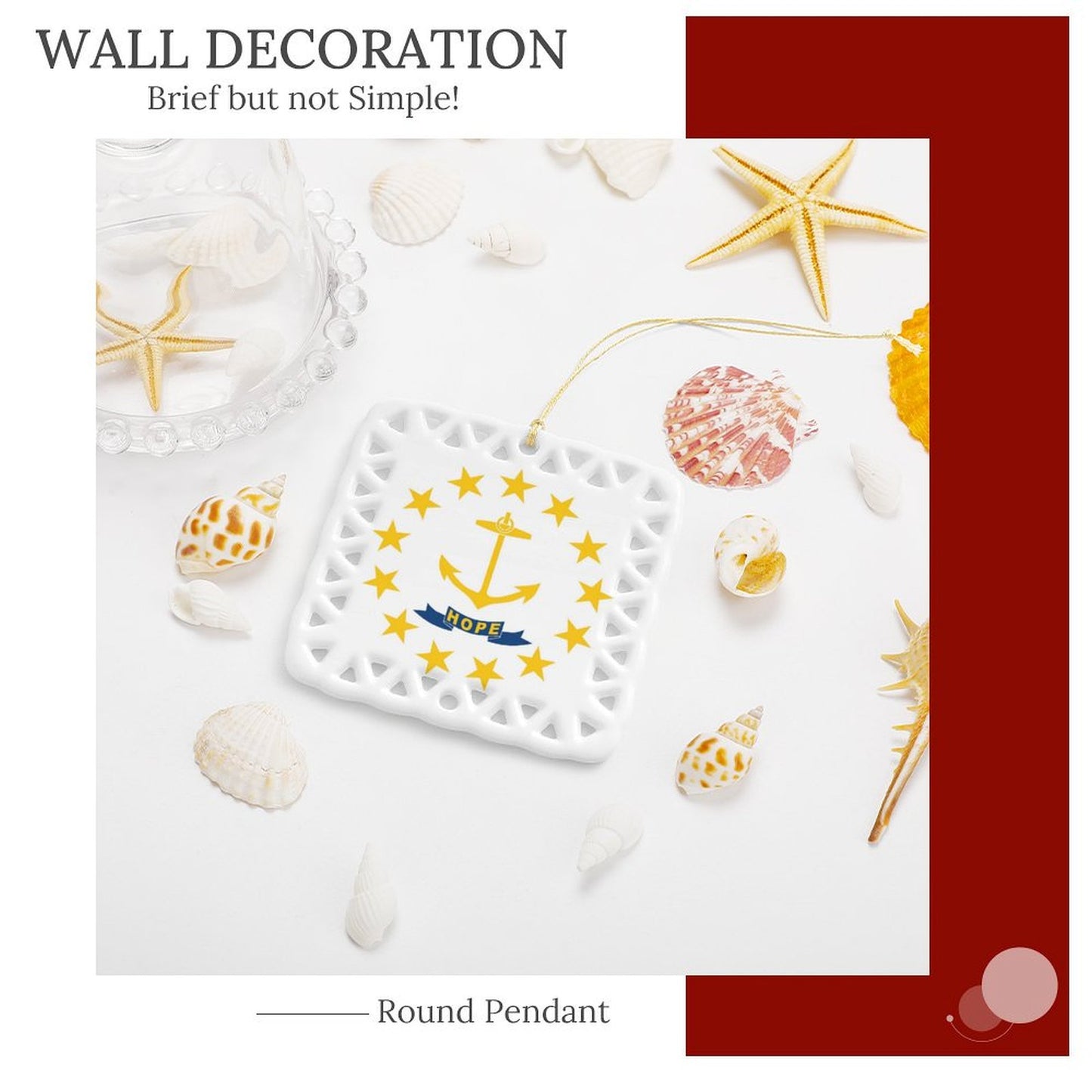 Rhode Island Flag Inspired Square Ceramic Ornament Made in the USA
