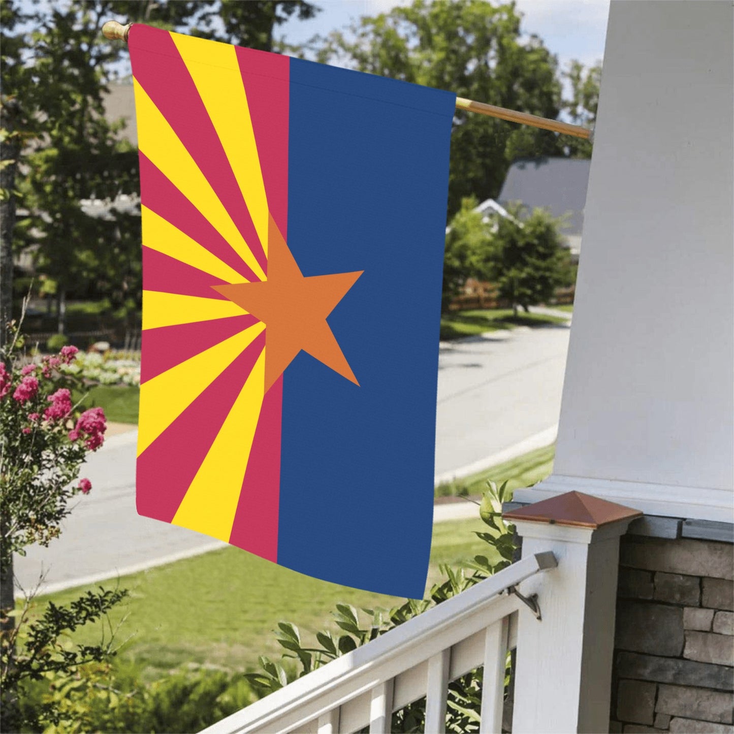 Flag by Luv My Flag displayed on front porch.
