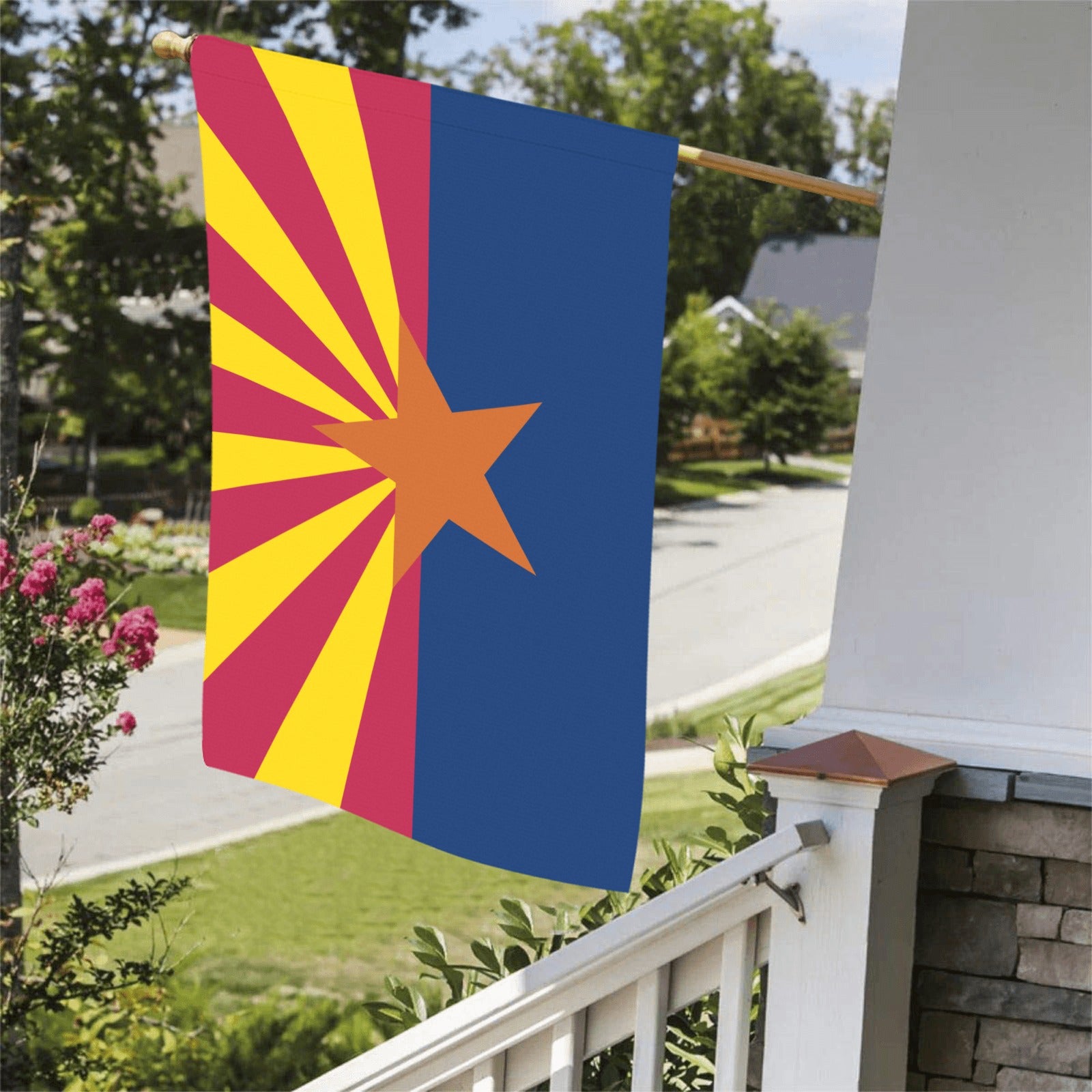 Flag by Luv My Flag displayed on front porch.