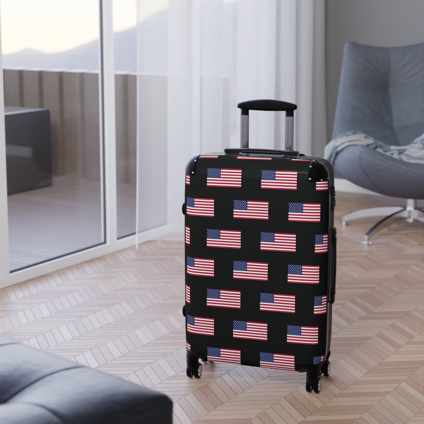 USA/American Flag Inspired Pattern on Black, Suitcase