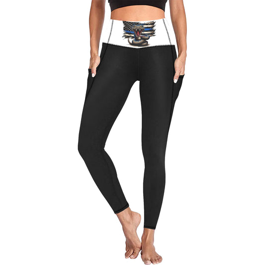 Thin Blue Line Flag Inspired Snake Women's High Waist Leggings with Pockets