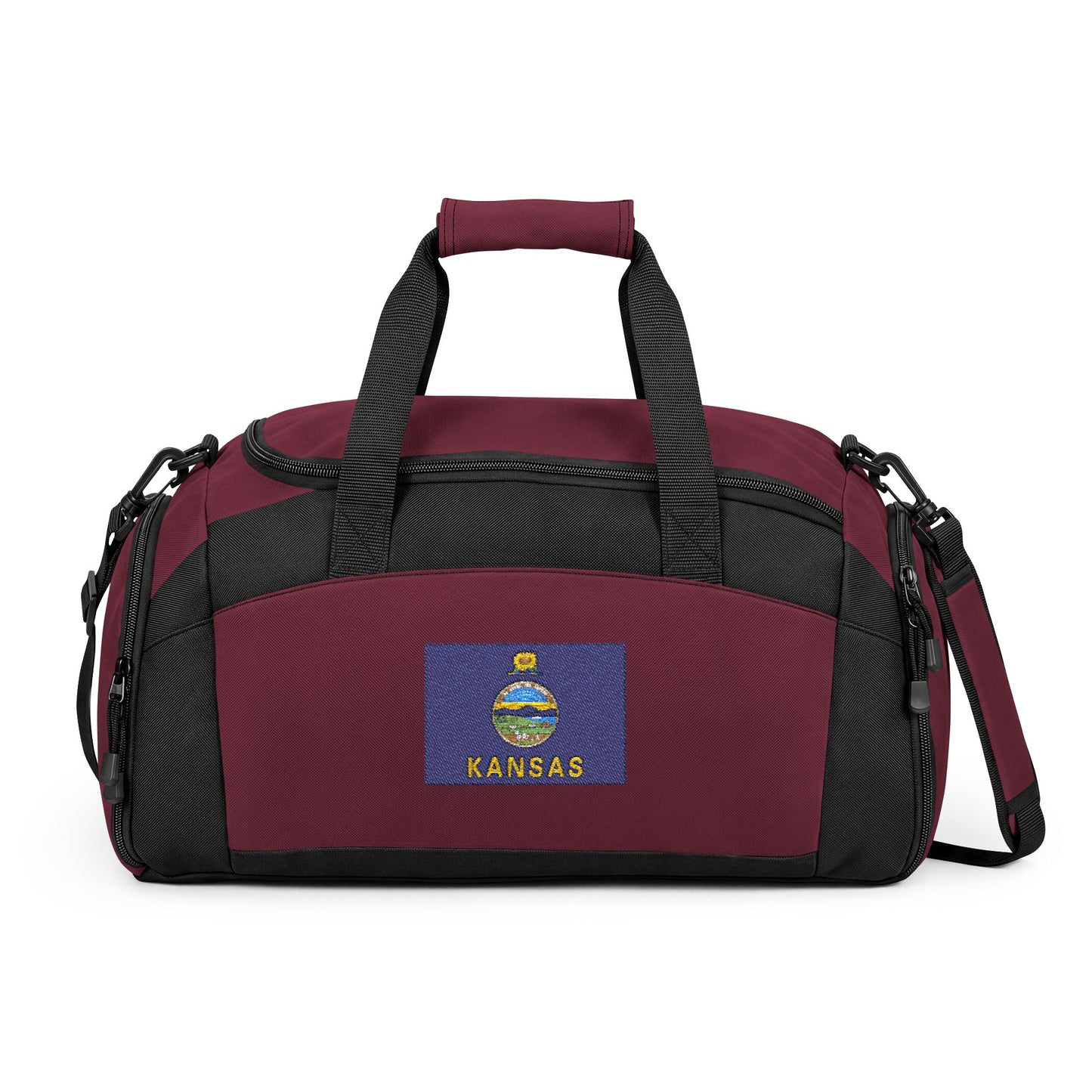 Kansas Flag Gym Bag — Black Duffle with Embroidered Kansas Flag