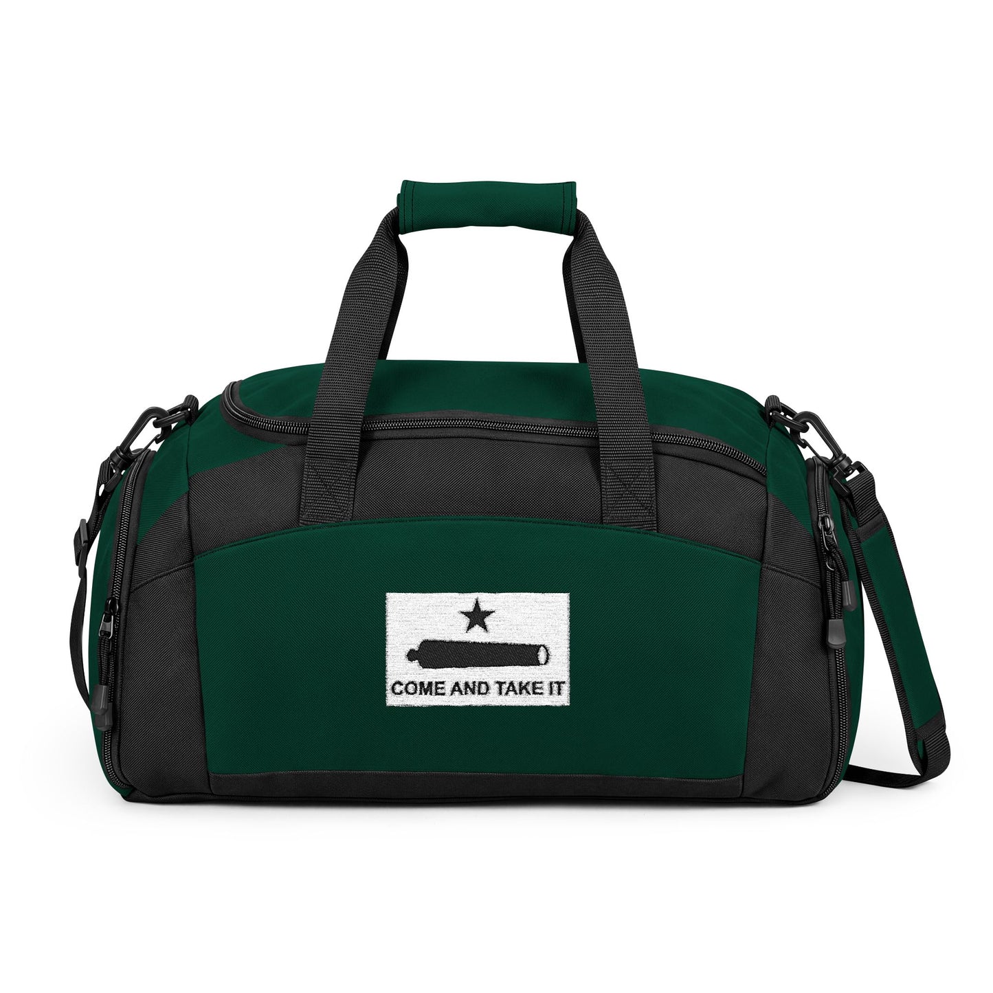Come and Take It Flag Gym Bag — Black Duffle with Embroidered Come and Take It Flag