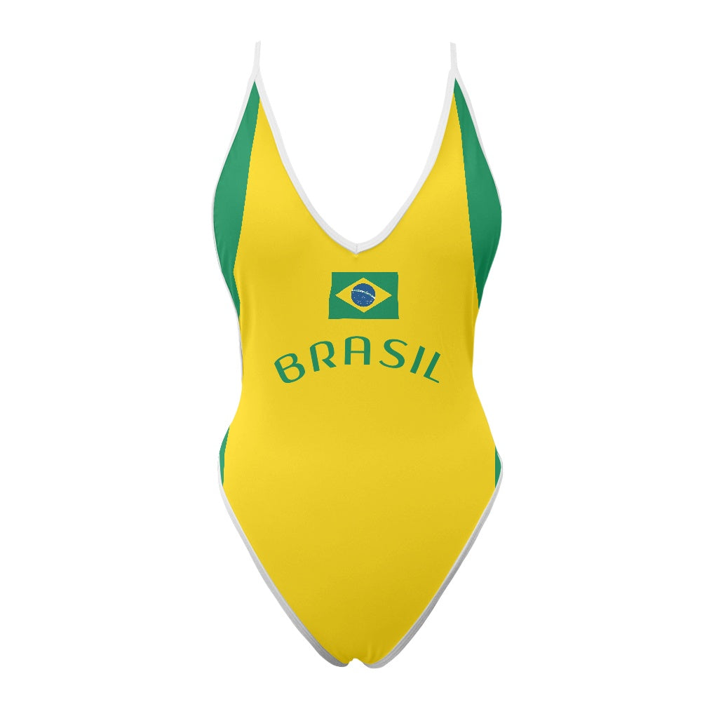 Brazil Flag Inspired One-Piece Thong Swimsuit