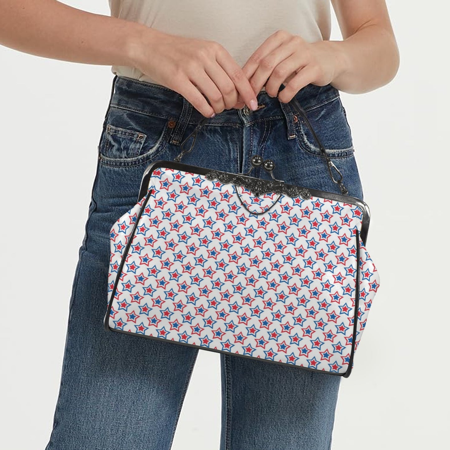 USA/American Flag Inspired Red, White & Blue Stars Pattern Kisslock Crossbody Shoulder Bag